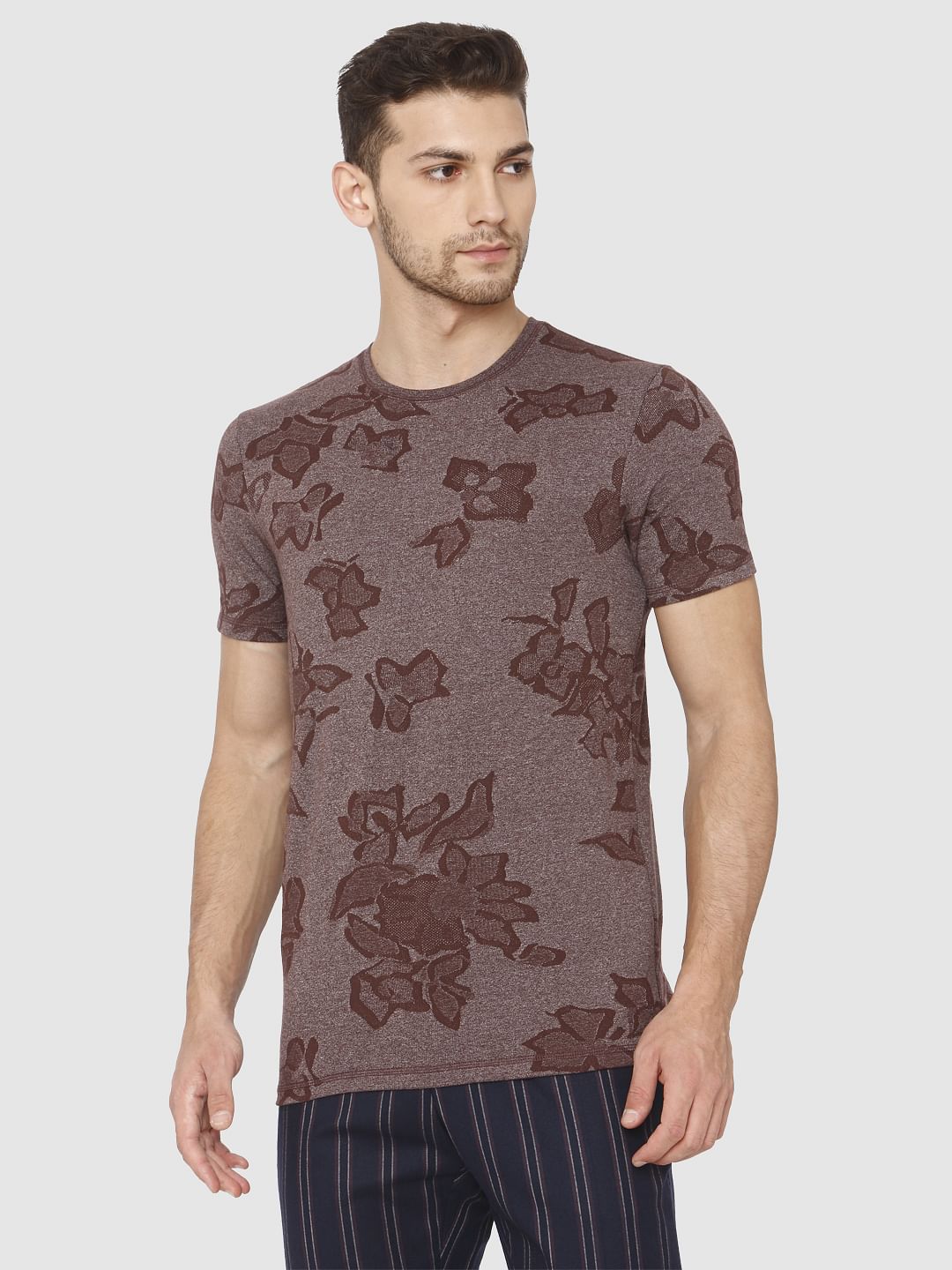 Brown Jacquard Crew Neck T-Shirt