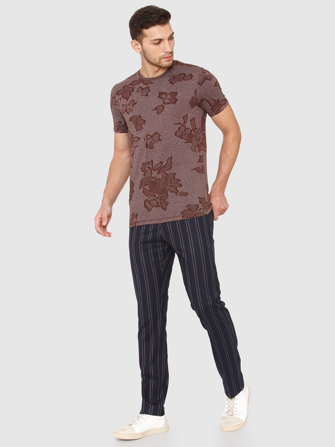 Brown Jacquard Crew Neck T-Shirt