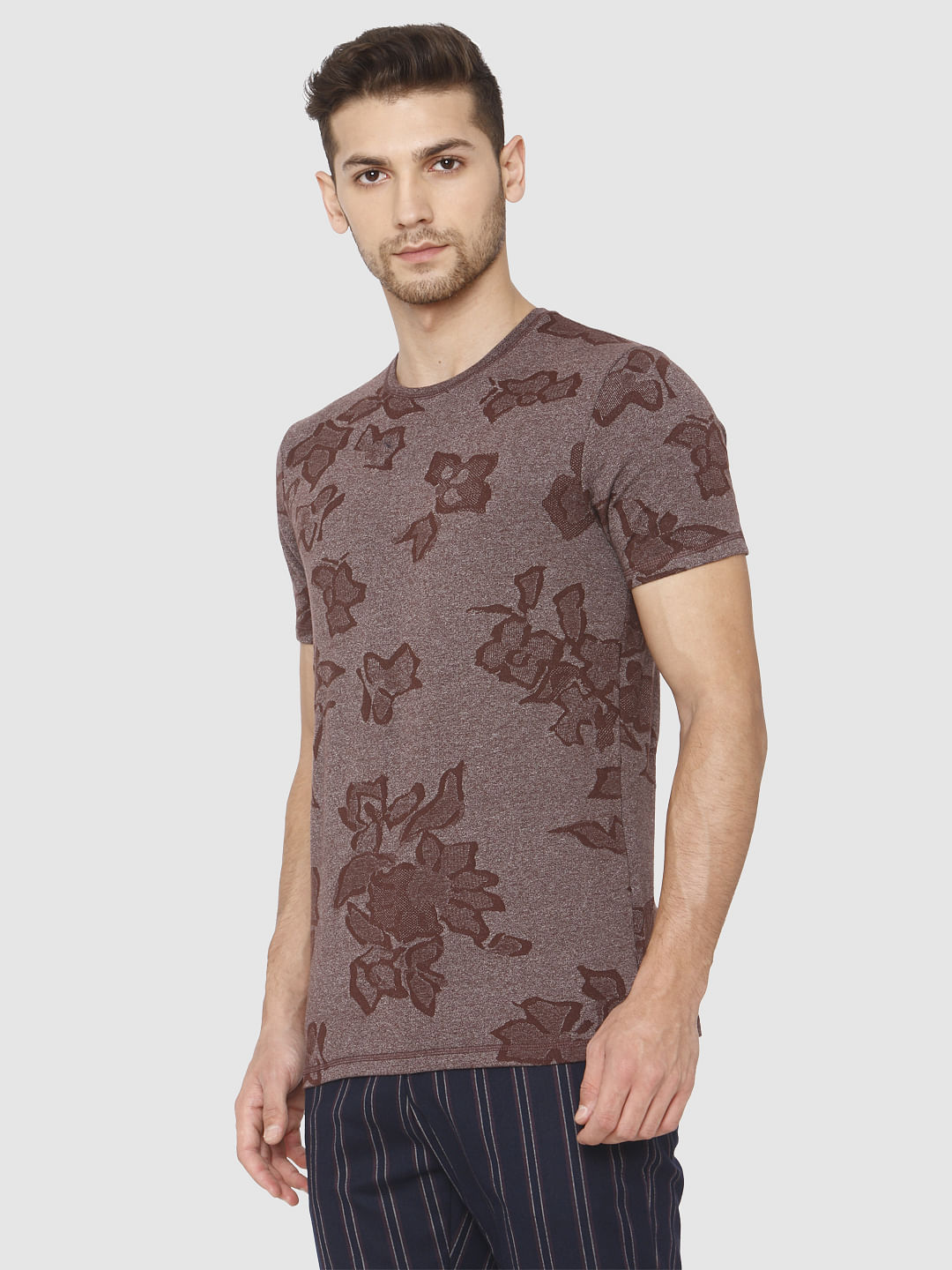 Brown Jacquard Crew Neck T-Shirt
