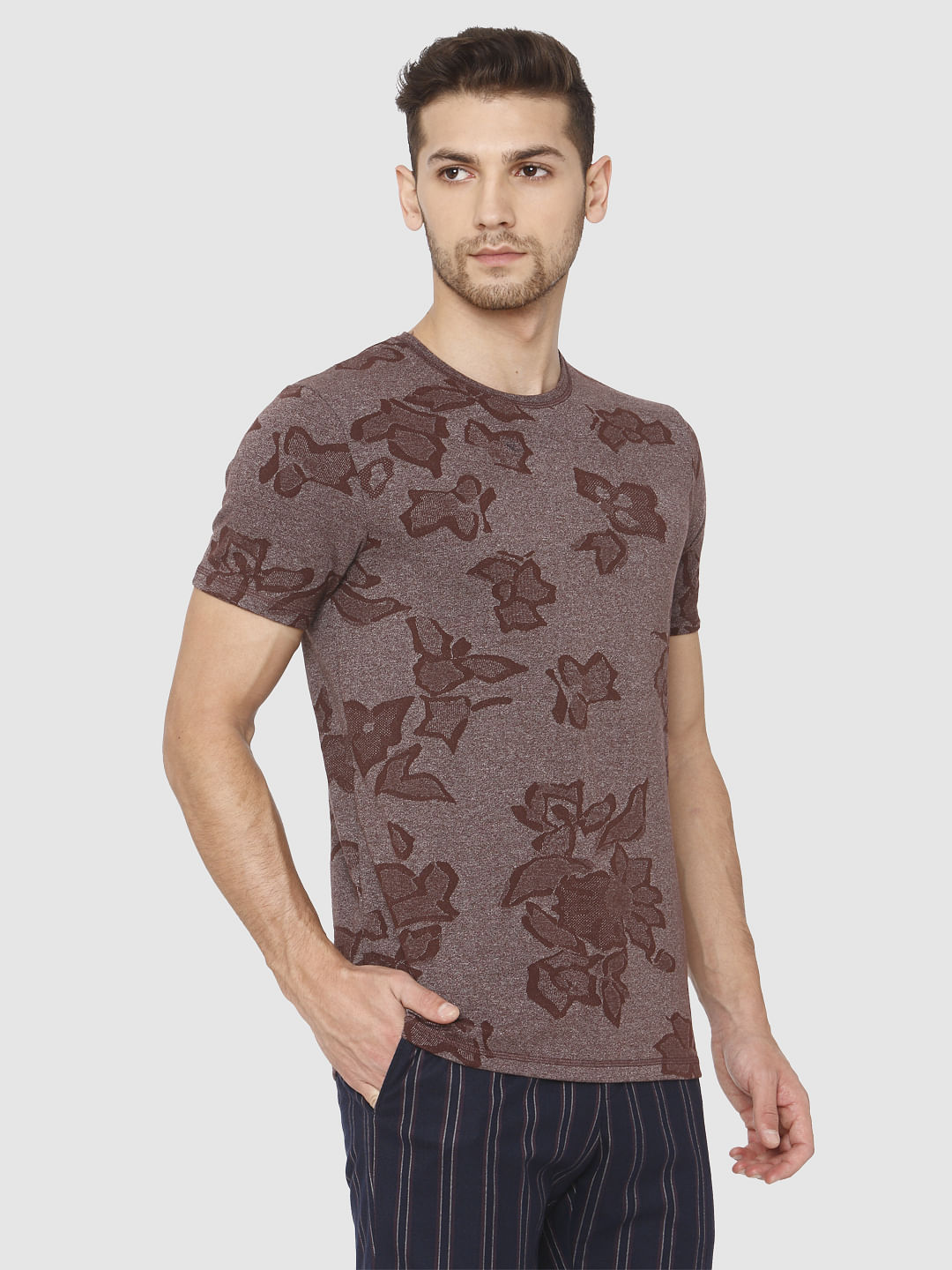 Brown Jacquard Crew Neck T-Shirt