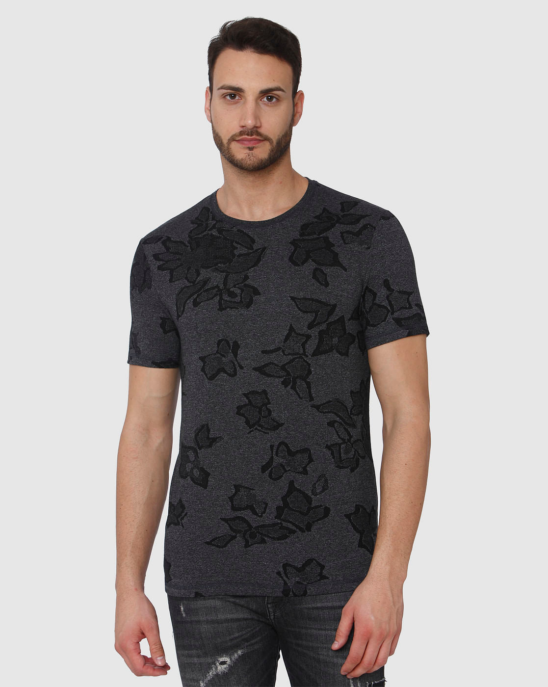 Black Jacquard Abstract Print Crew Neck T-Shirt
