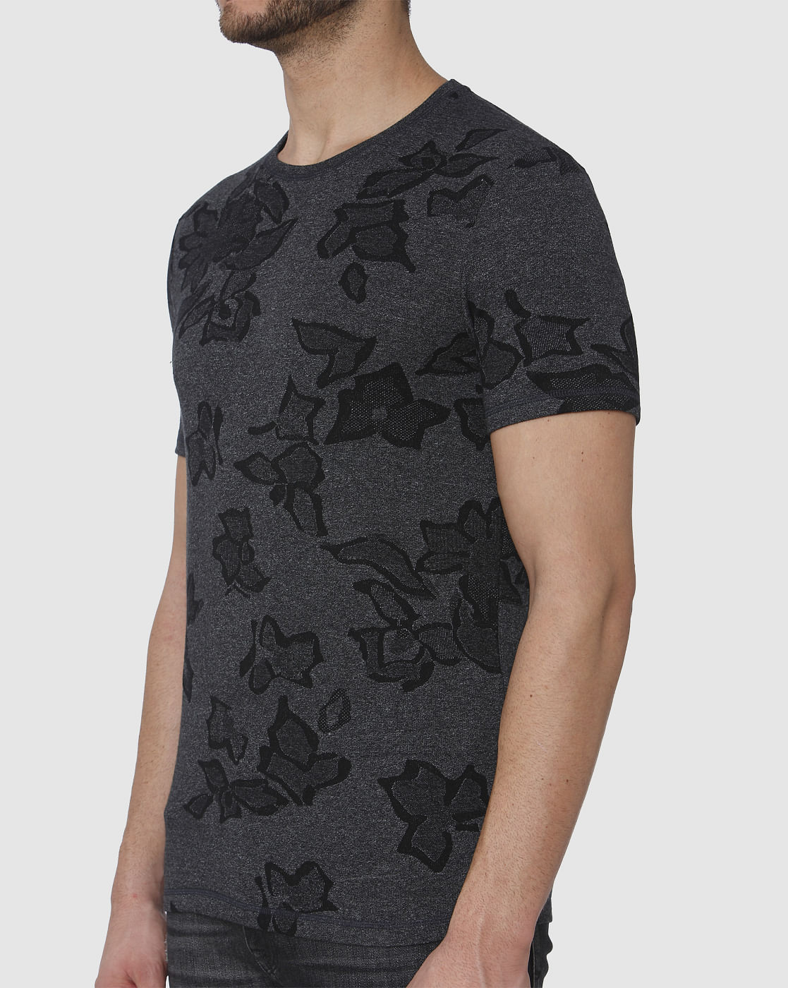 Black Jacquard Abstract Print Crew Neck T-Shirt