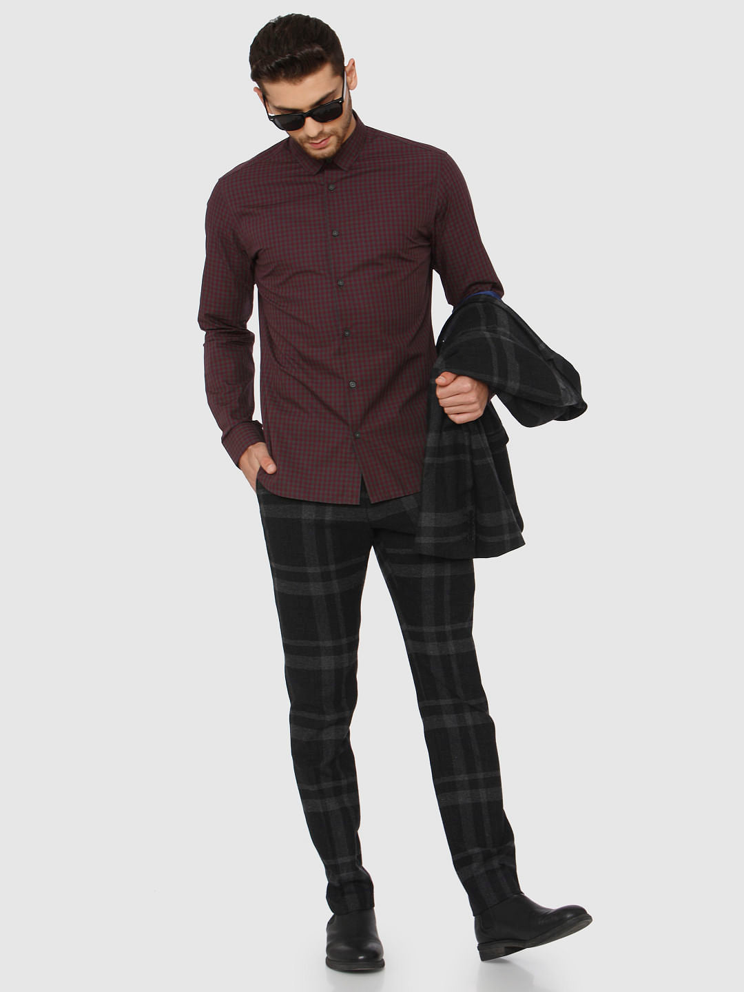 Burgundy Check Full Sleeves Shirt