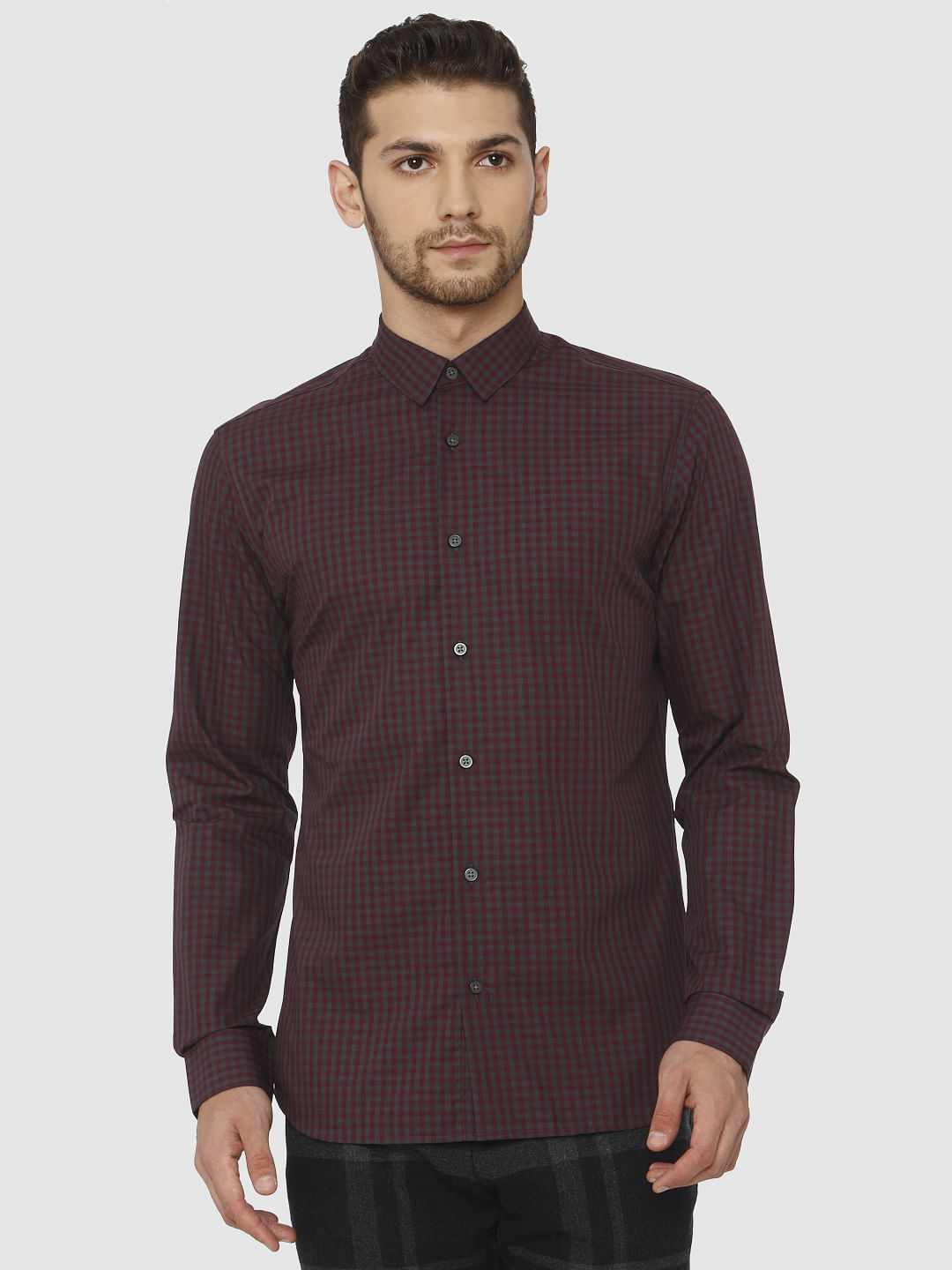 Burgundy Check Full Sleeves Shirt