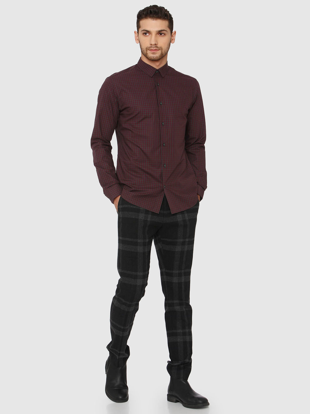 Burgundy Check Full Sleeves Shirt