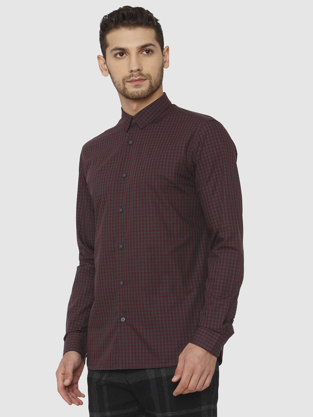 Burgundy Check Full Sleeves Shirt
