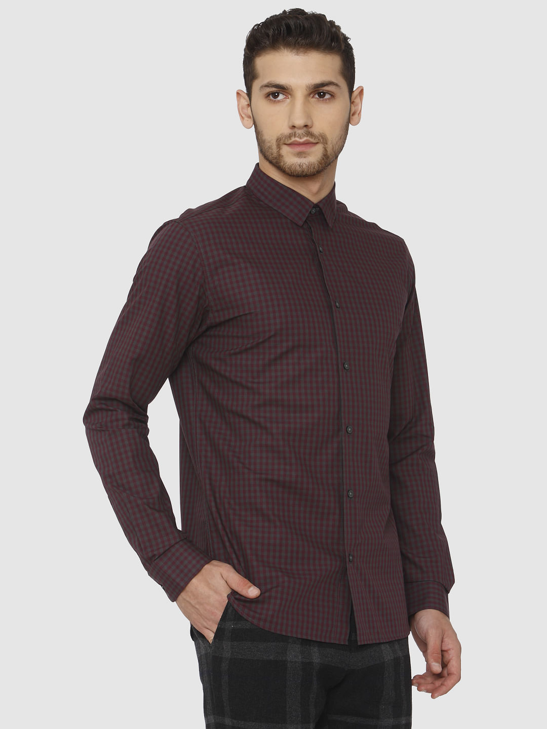 Burgundy Check Full Sleeves Shirt