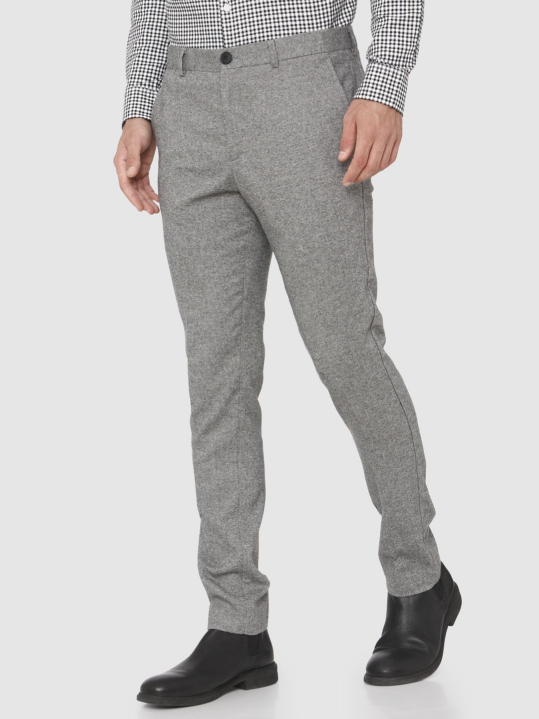 Grey Mid Rise Slim Fit Formal Trousers