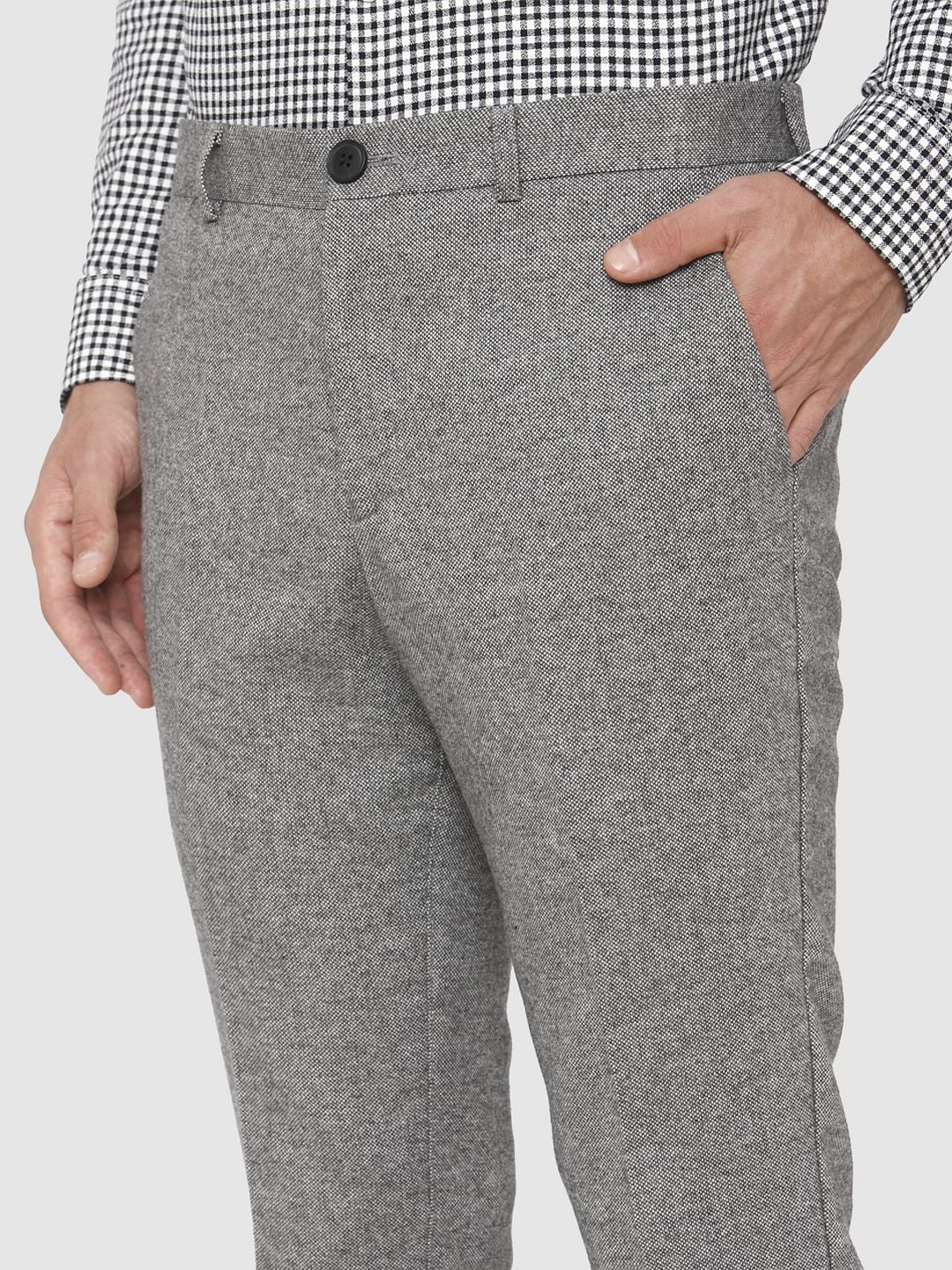 Grey Mid Rise Slim Fit Formal Trousers