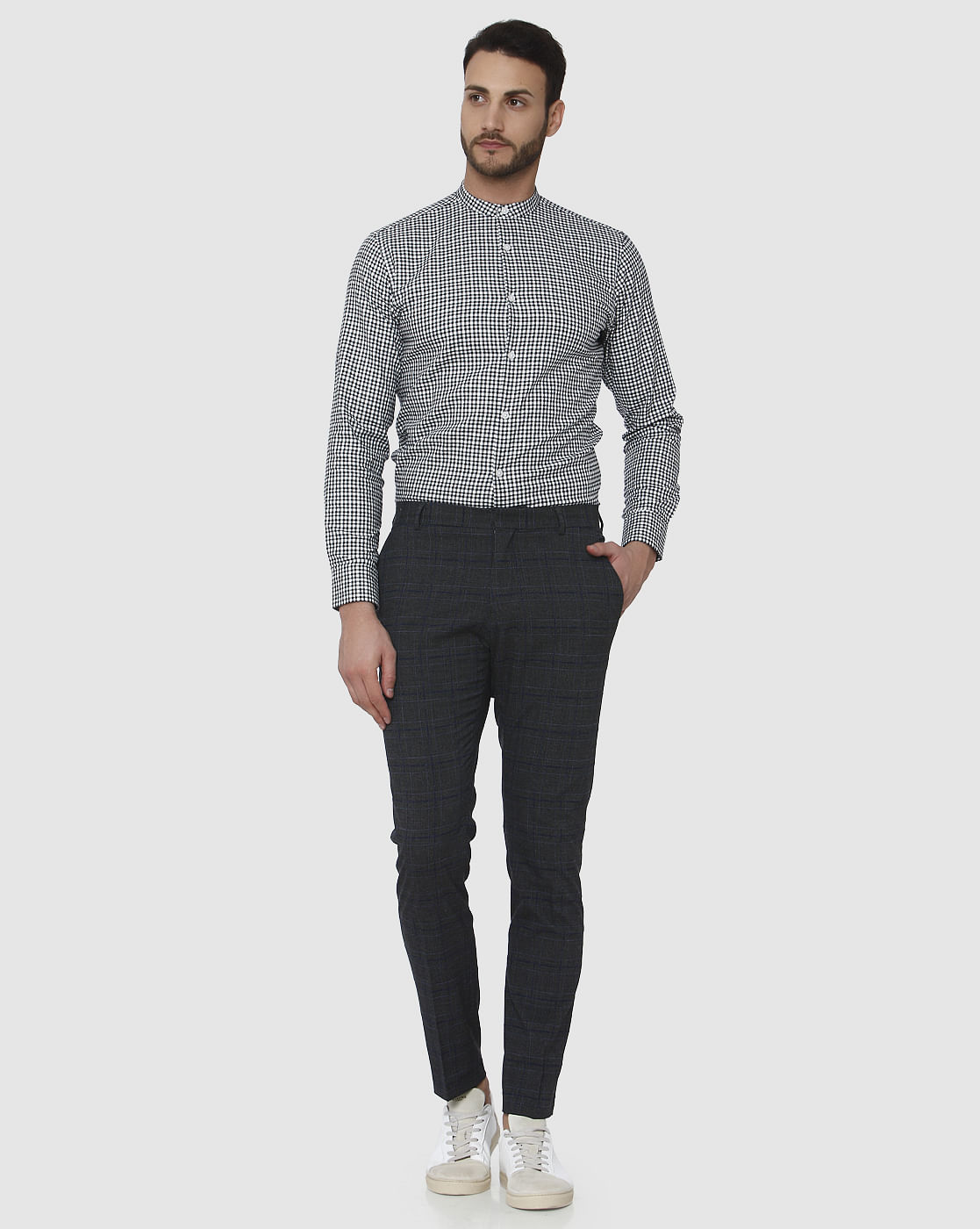 Grey Check Formal Slim Fit Trousers