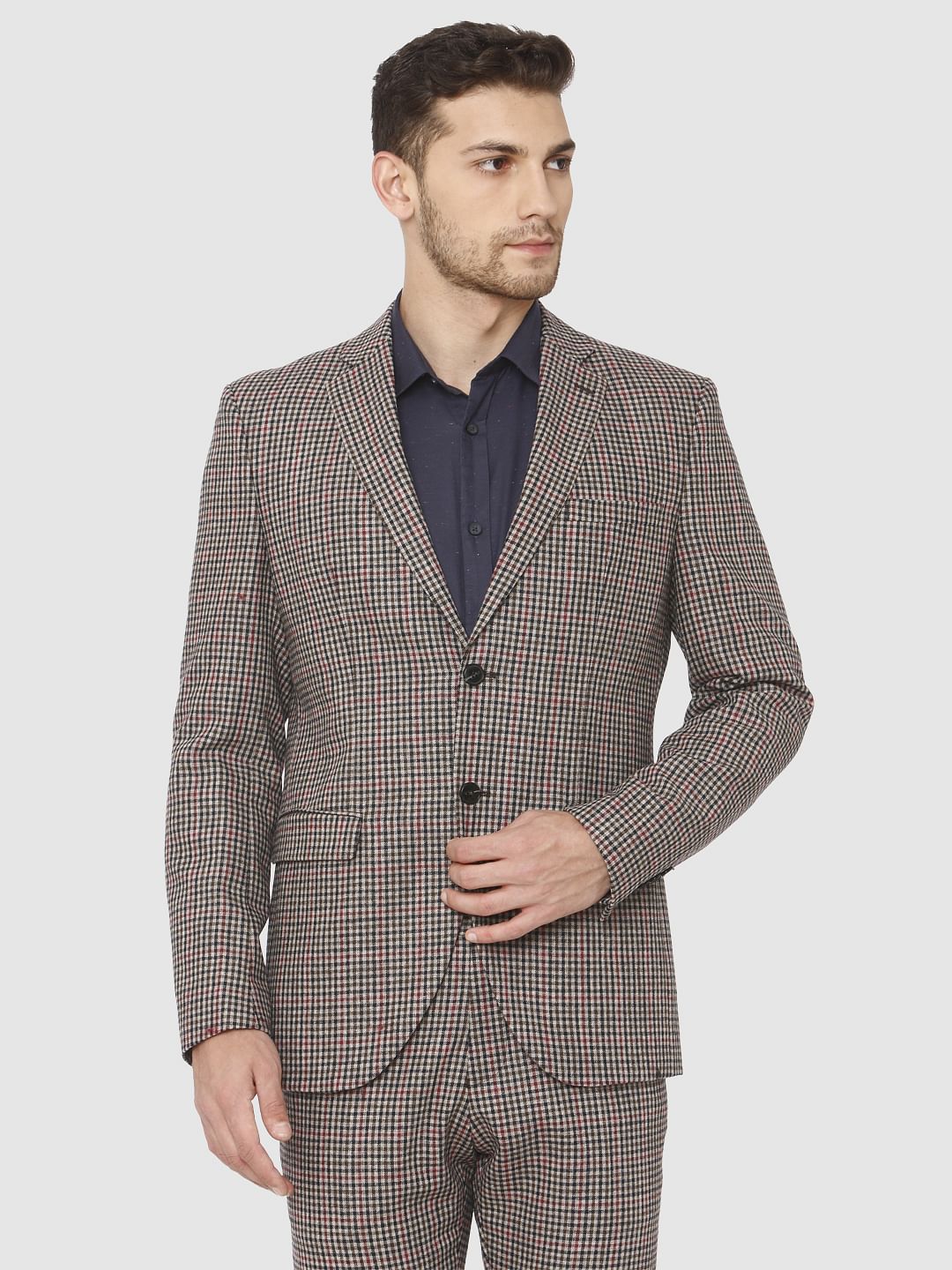 Brown Check Print Blazer