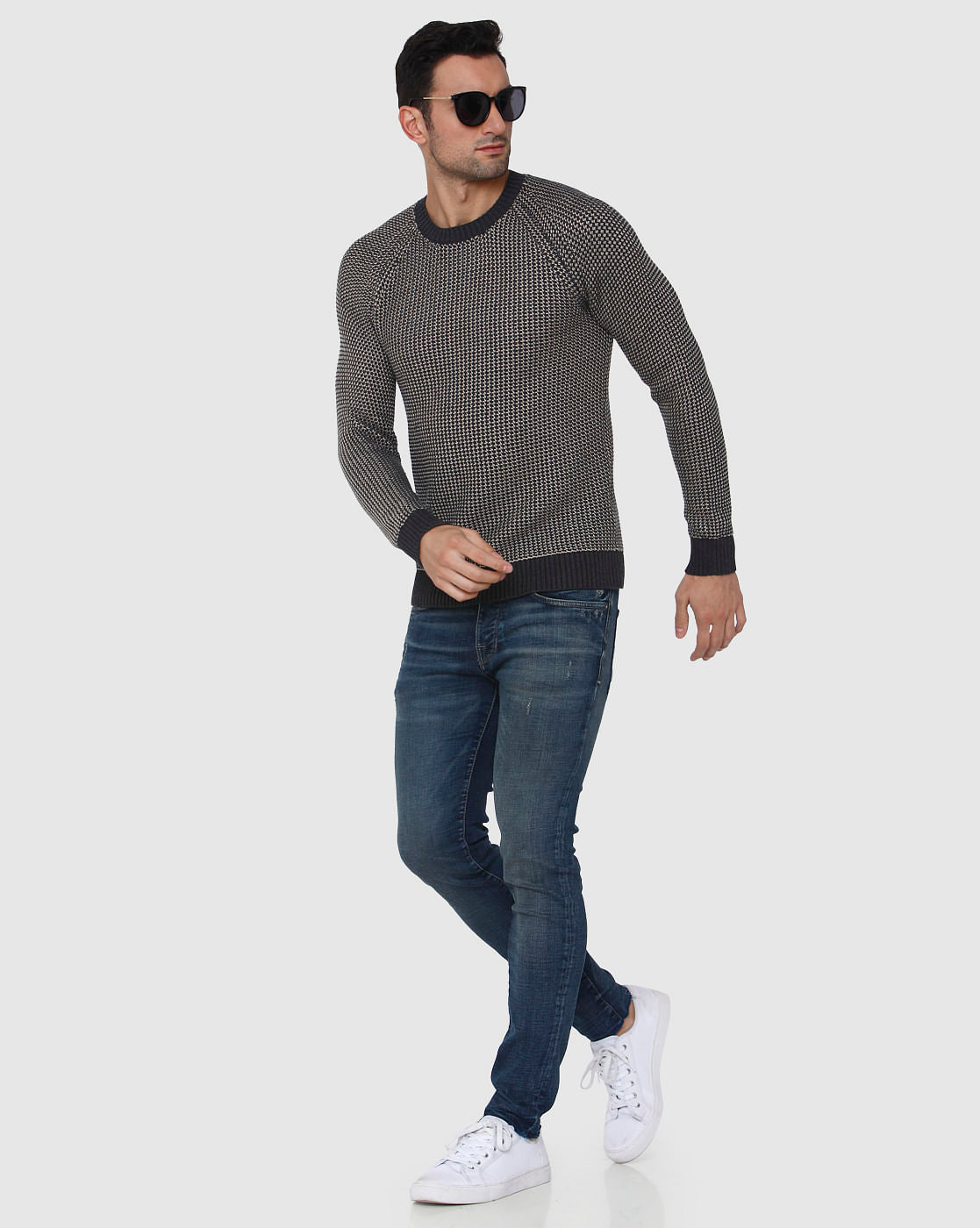 Black Textured Crew Neck Pullover