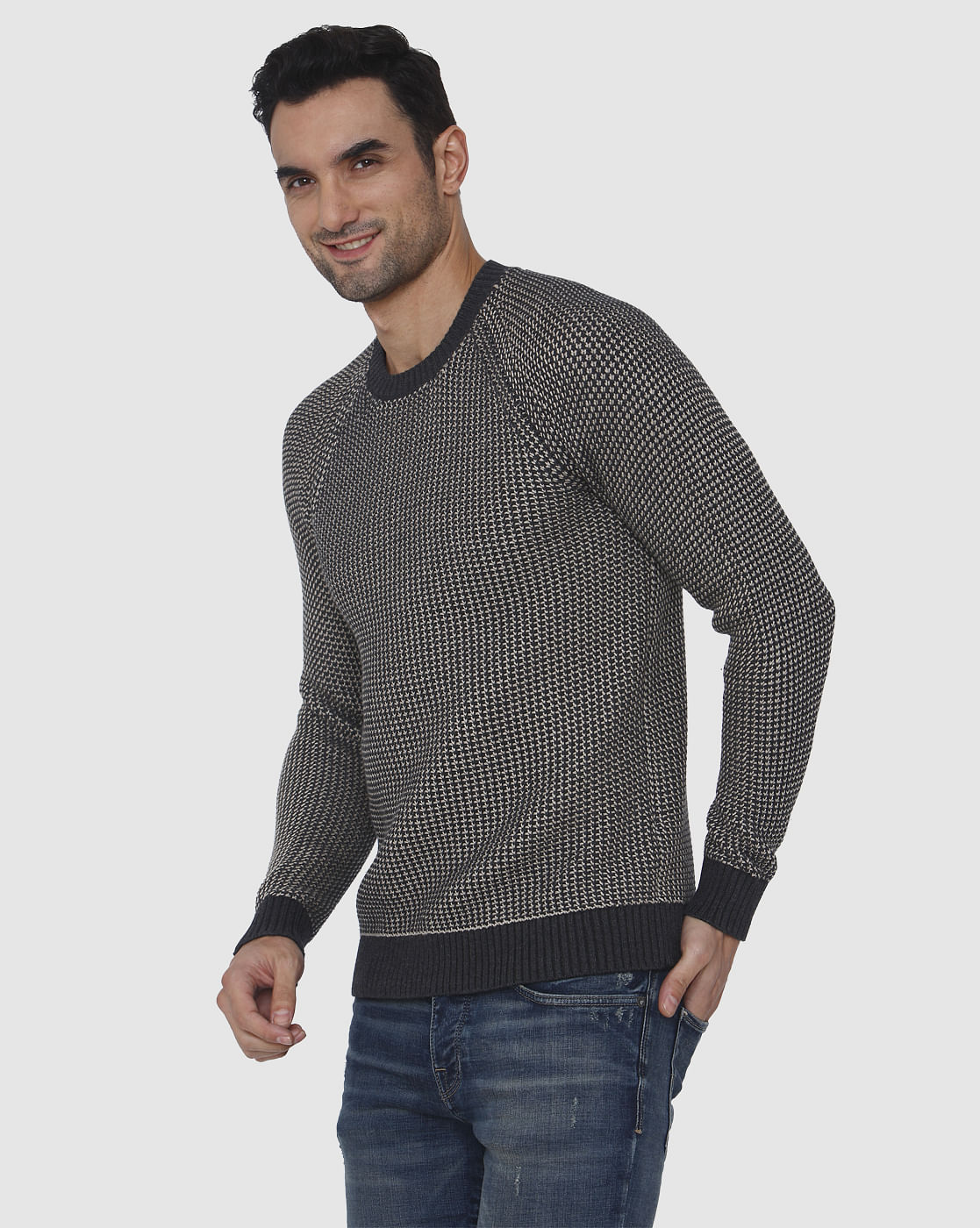 Black Textured Crew Neck Pullover
