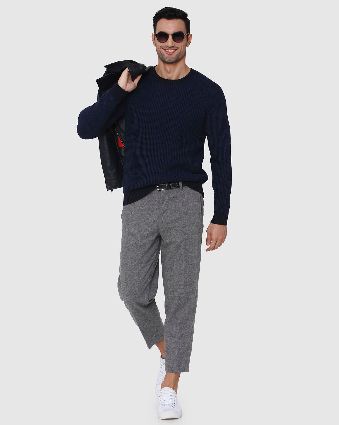 Blue Textured Crew Neck Pullover