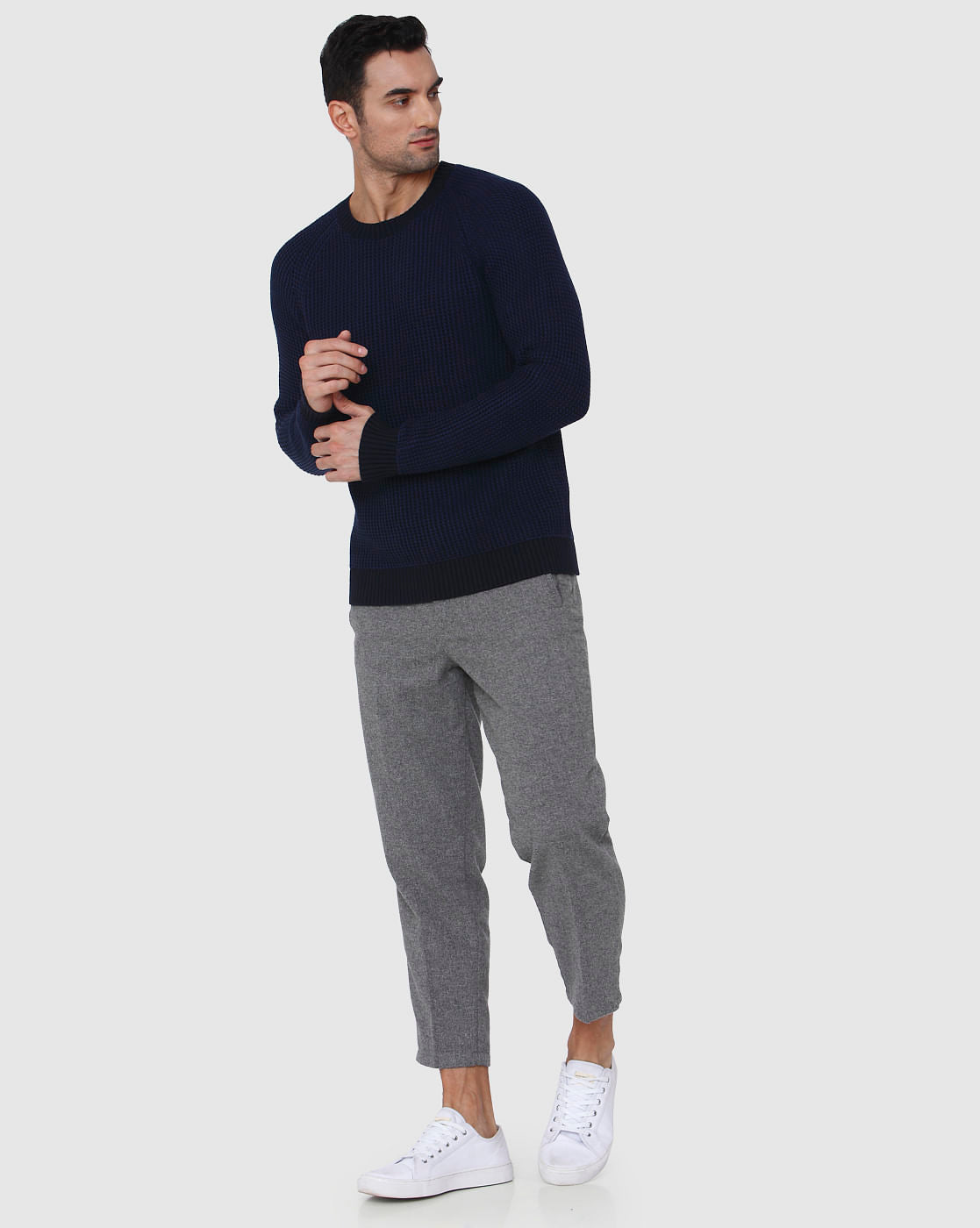 Blue Textured Crew Neck Pullover