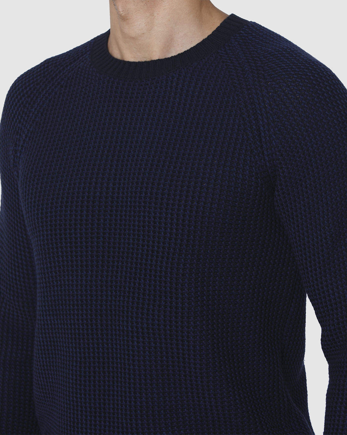 Blue Textured Crew Neck Pullover