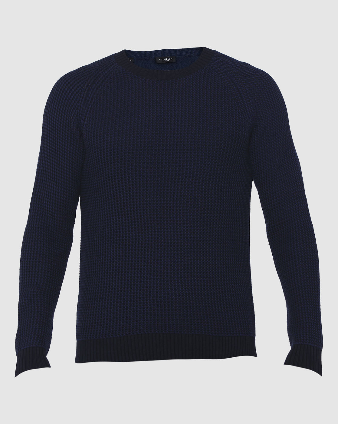 Blue Textured Crew Neck Pullover