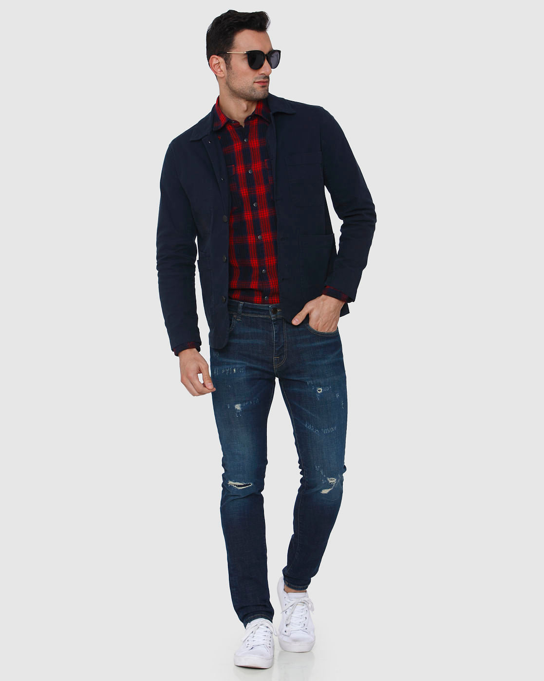 Dark Blue Knee Ripped Leon Slim Fit Jeans