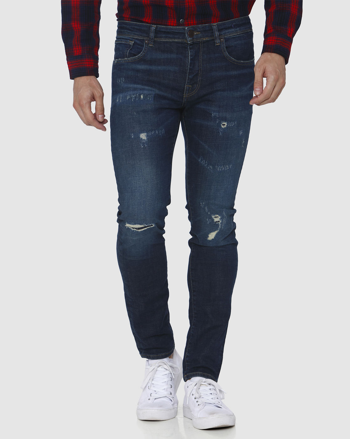 Dark Blue Knee Ripped Leon Slim Fit Jeans