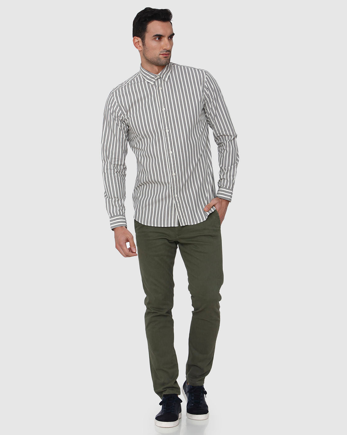 Grey Striped Full Sleeves Shirt