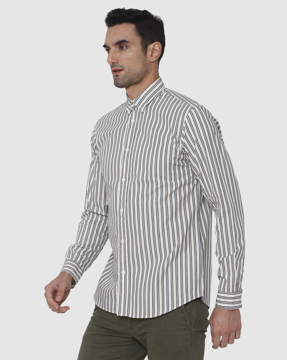Grey Striped Full Sleeves Shirt