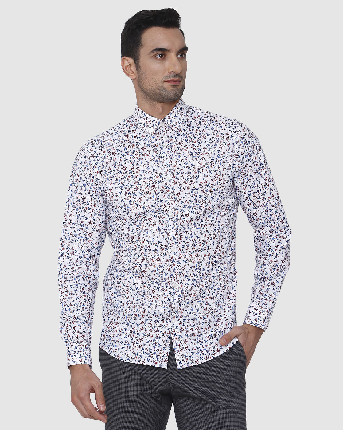 White Floral Print Full Sleeves Shirt