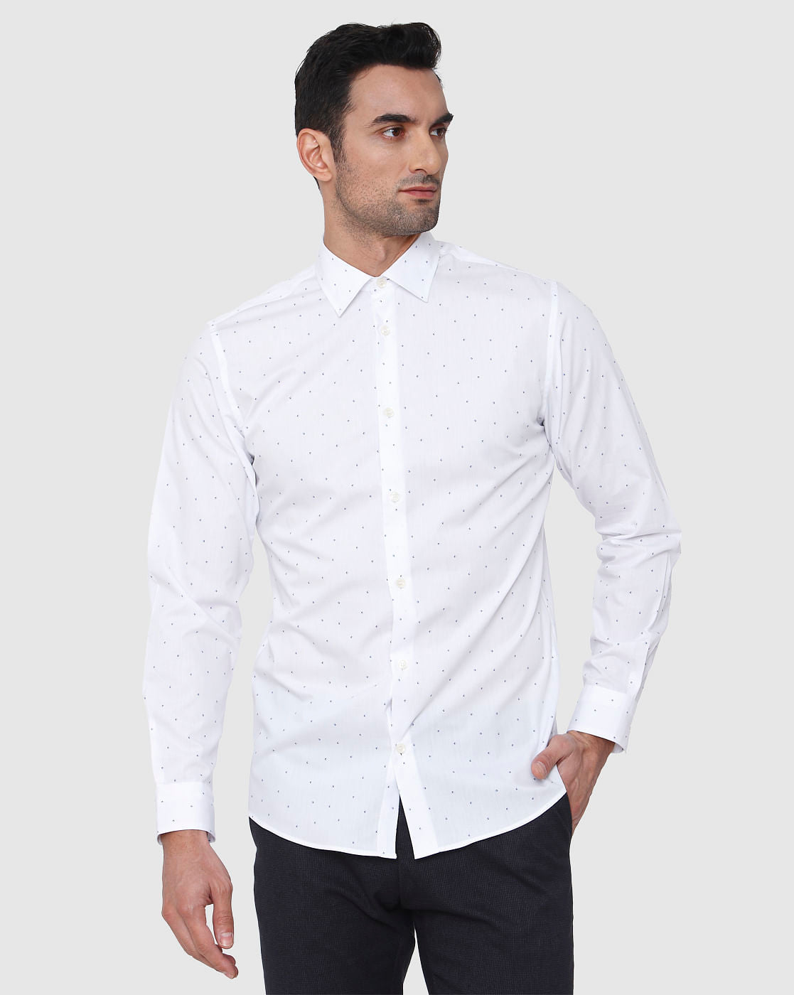 White All Over Dotted Print Full Sleeves Shirt