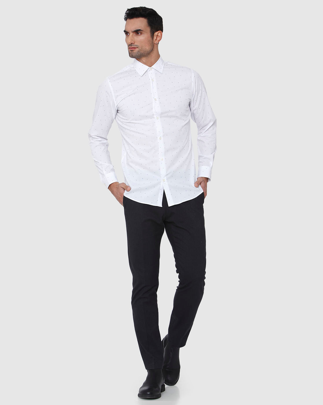 White All Over Dotted Print Full Sleeves Shirt
