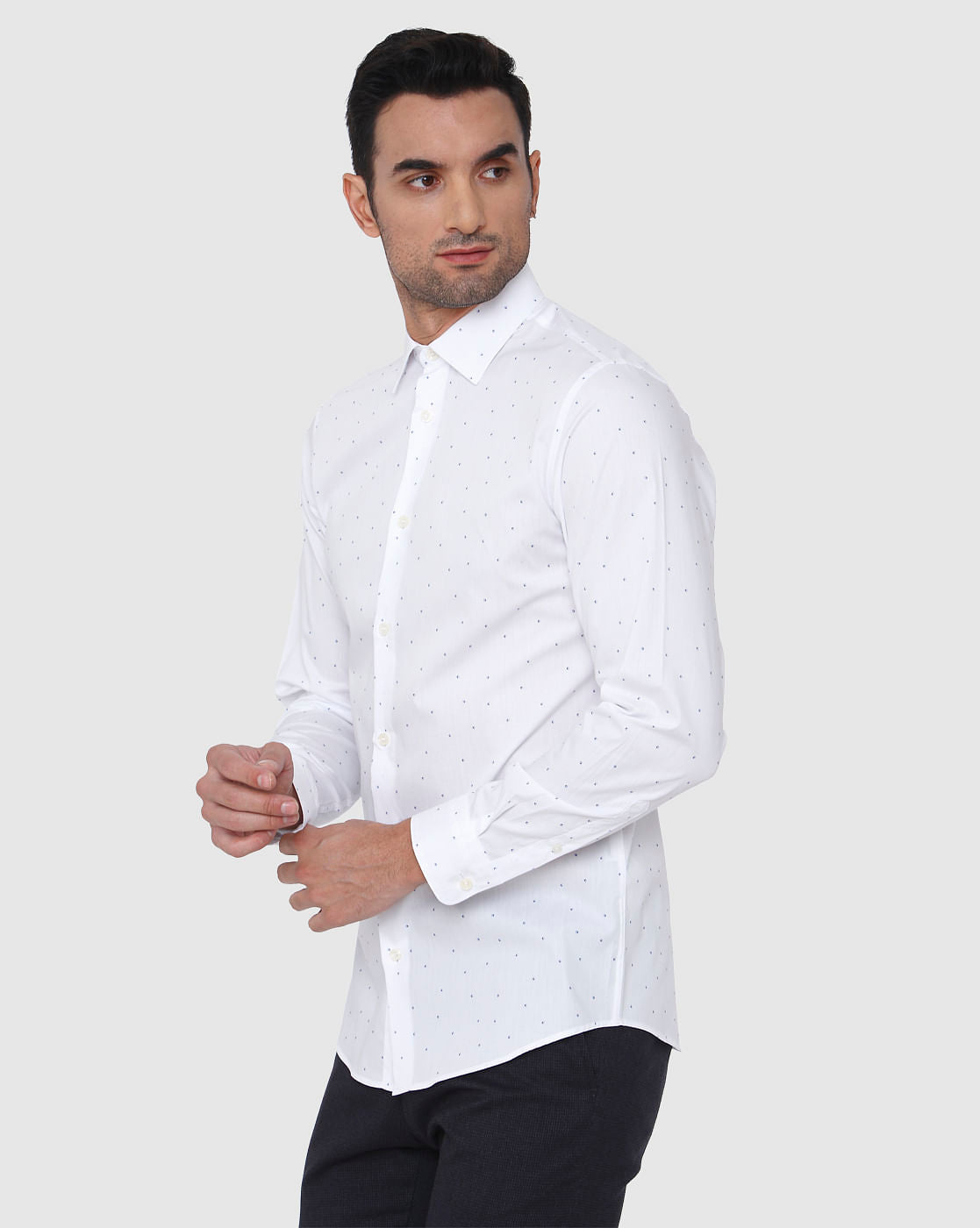 White All Over Dotted Print Full Sleeves Shirt