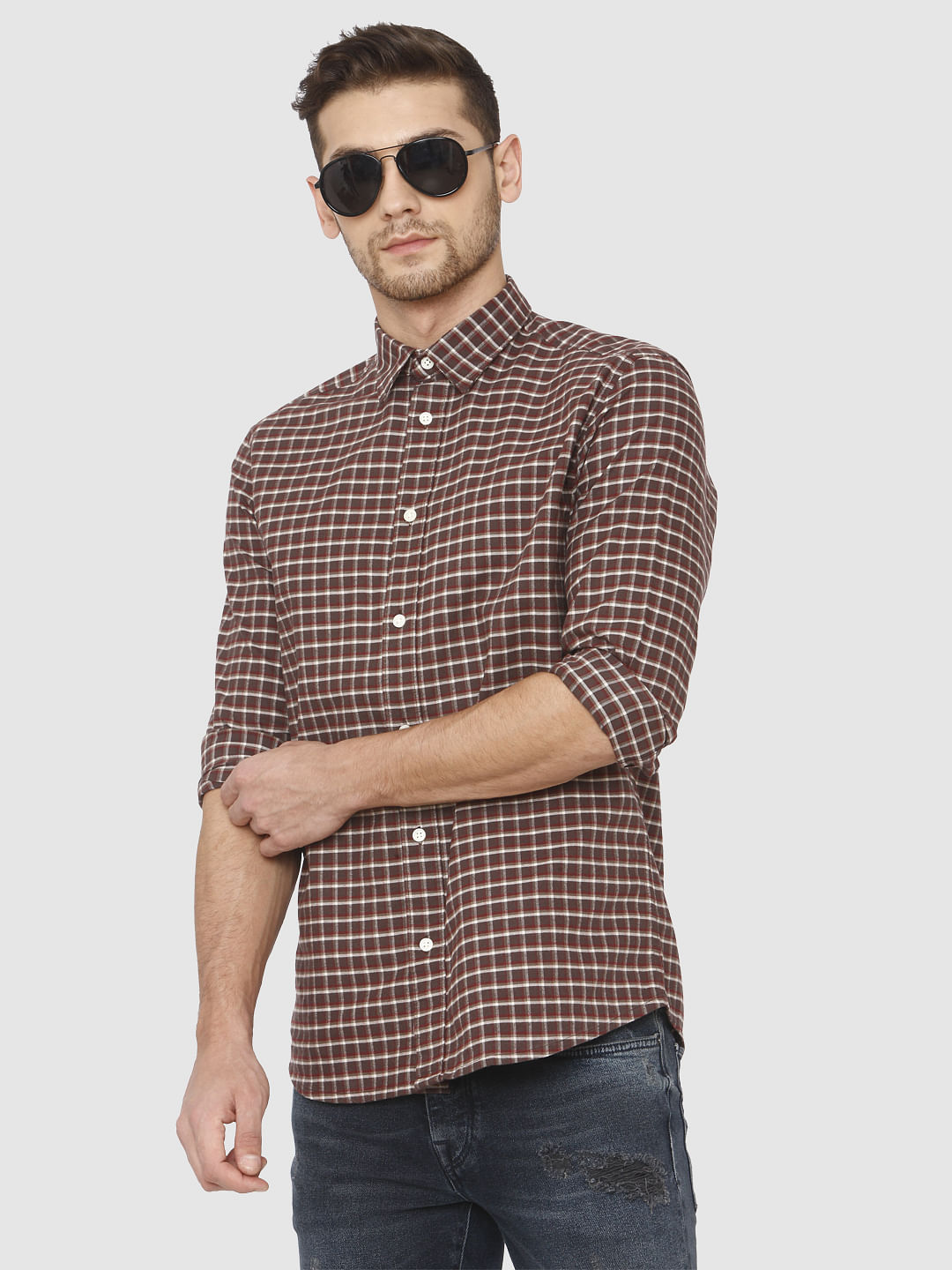 Brown Check Full Sleeves Shirt