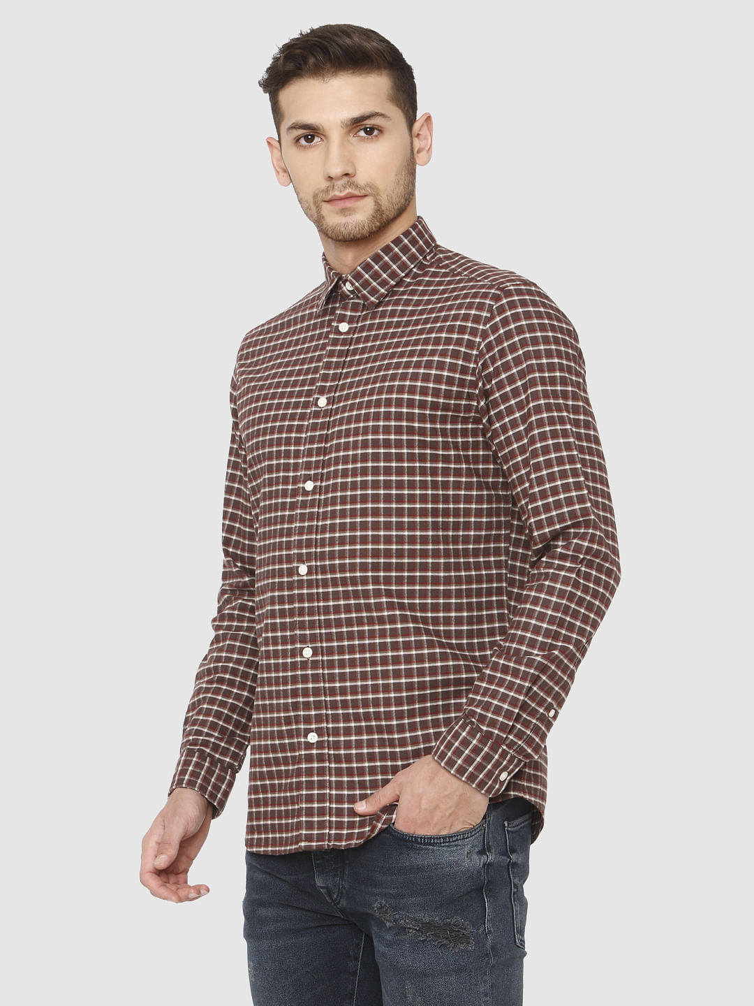 Brown Check Full Sleeves Shirt