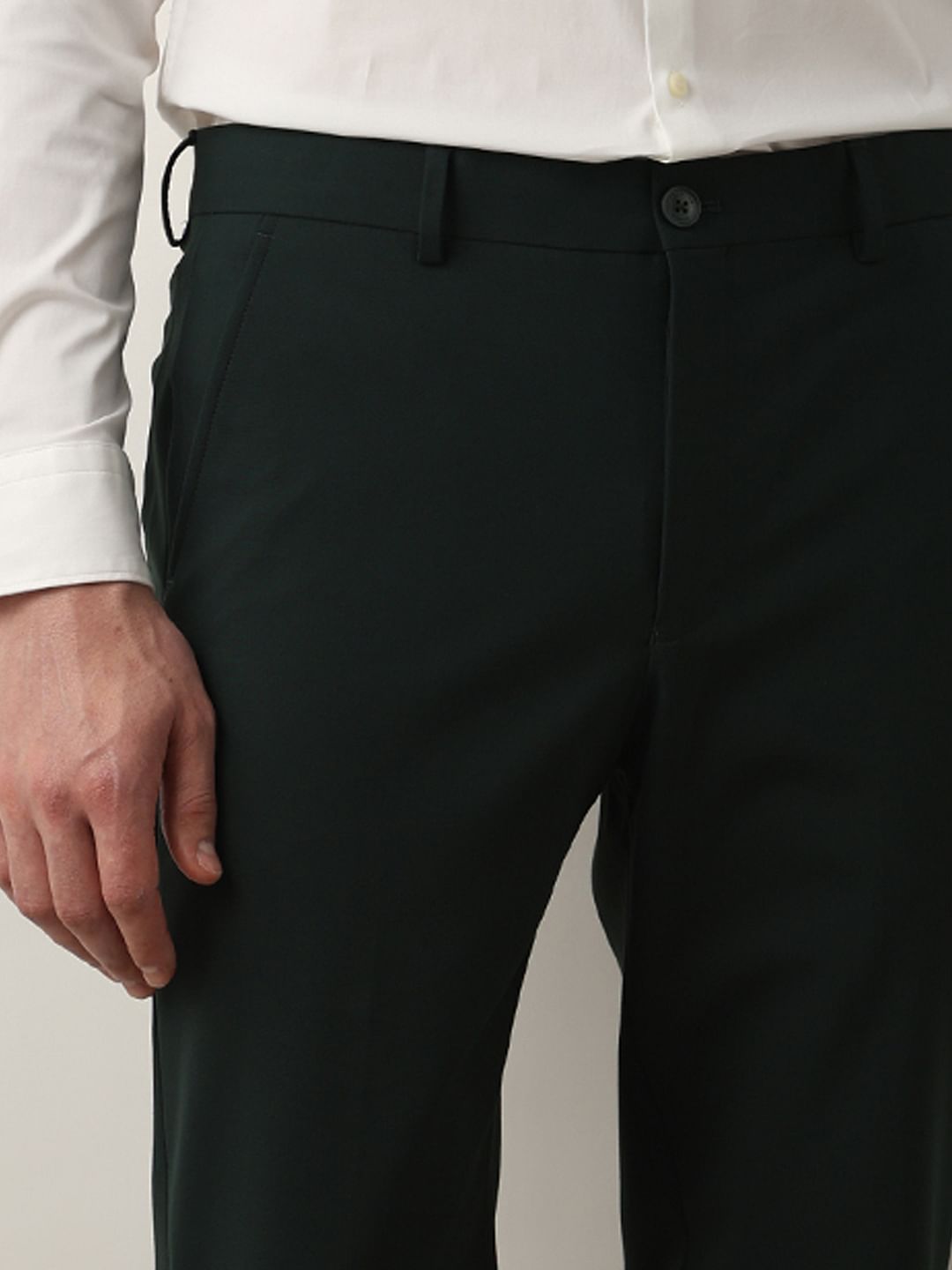 Dark Green Mid Rise Slim Fit Trousers