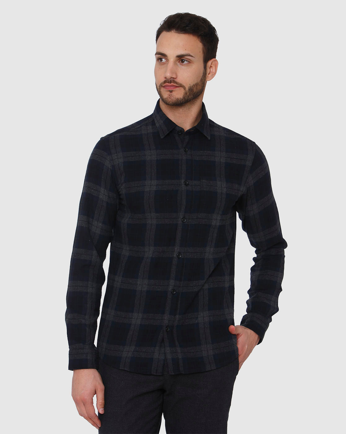 Navy Blue Check Full Sleeves Shirt