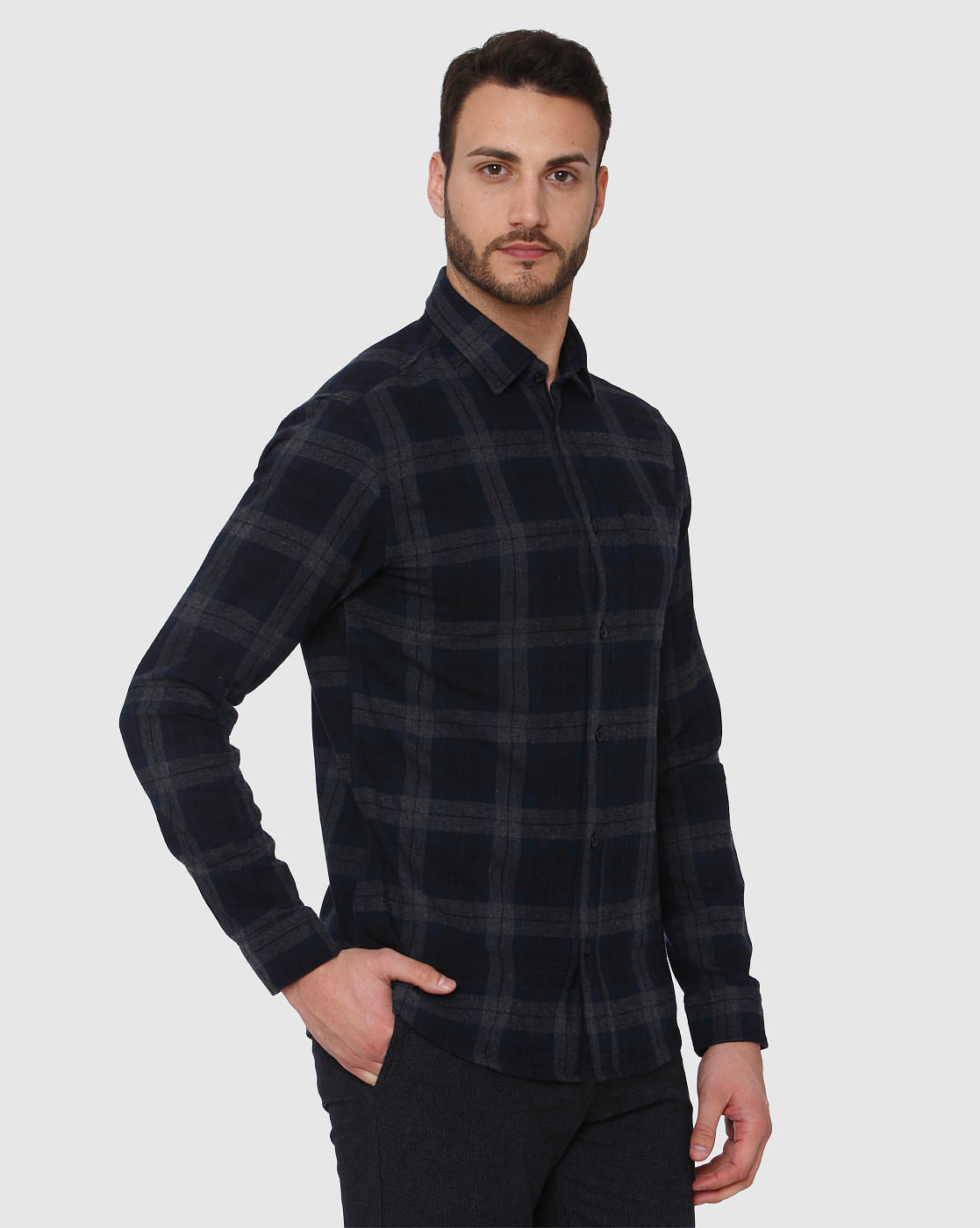 Navy Blue Check Full Sleeves Shirt