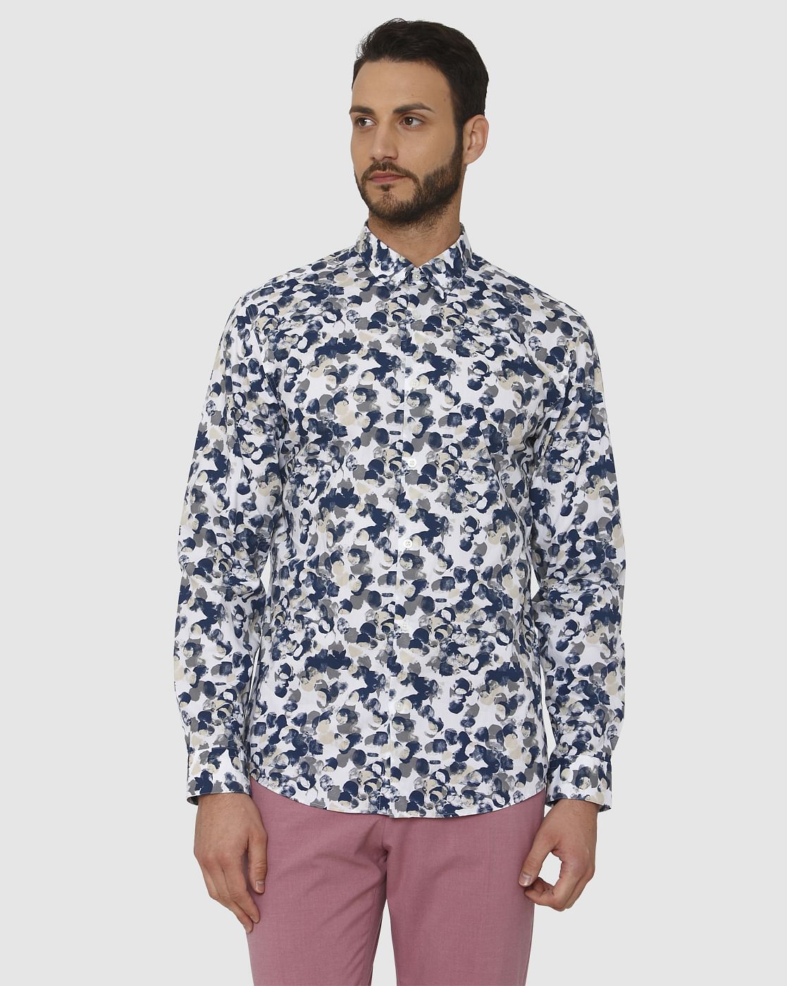 White All Over Print Slim Fit Full Sleeves Shirt