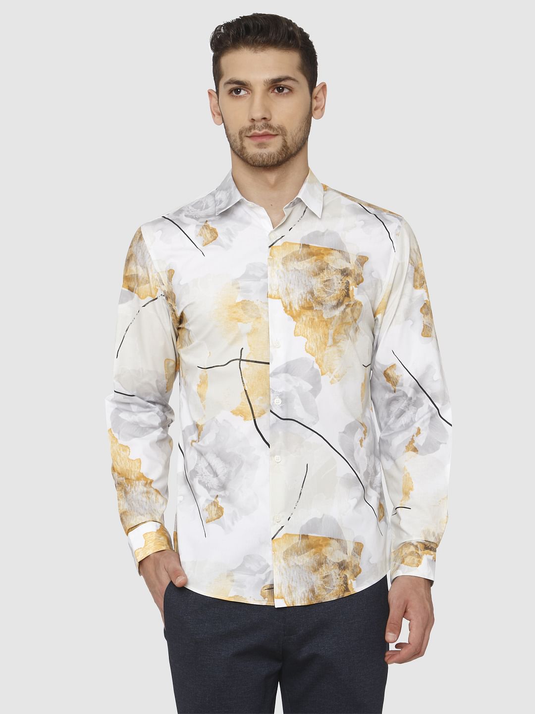 White Floral Print Slim Fit Shirt
