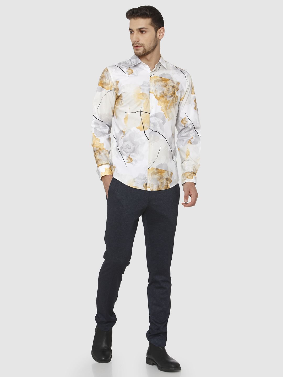 White Floral Print Slim Fit Shirt