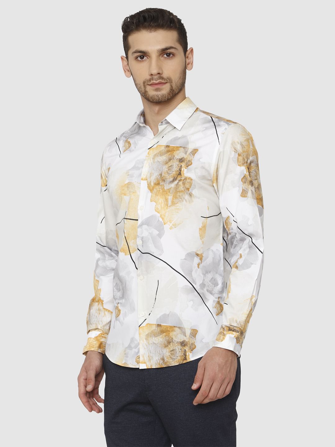 White Floral Print Slim Fit Shirt