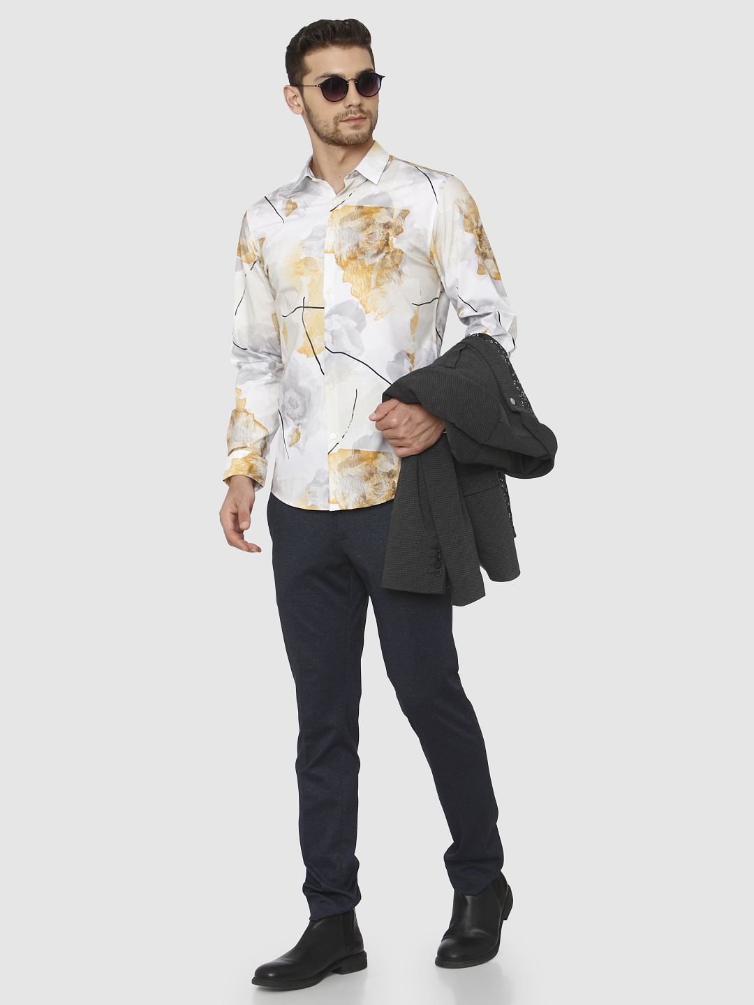 White Floral Print Slim Fit Shirt