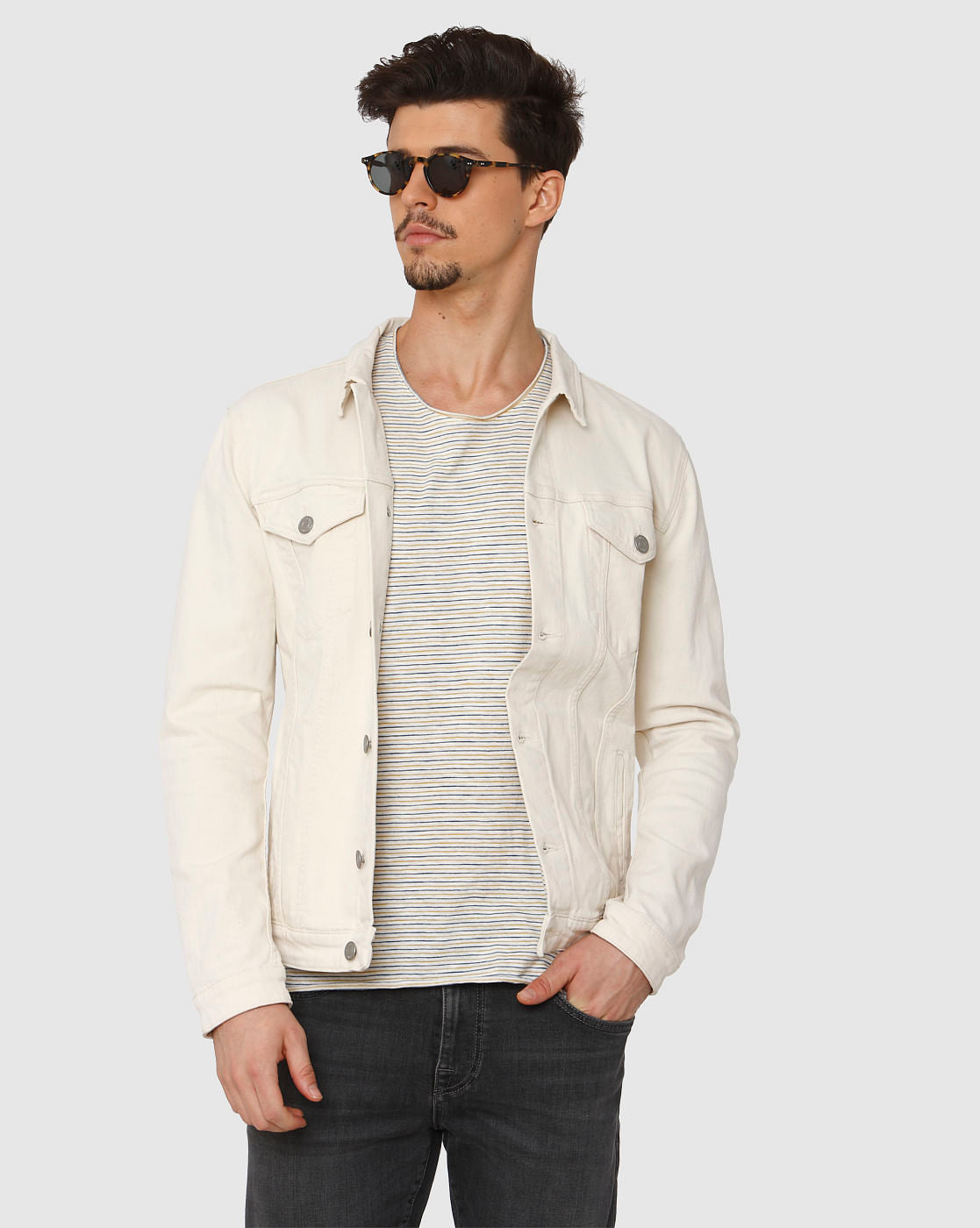 White Striped Raw Edge Crew Neck T-Shirt
