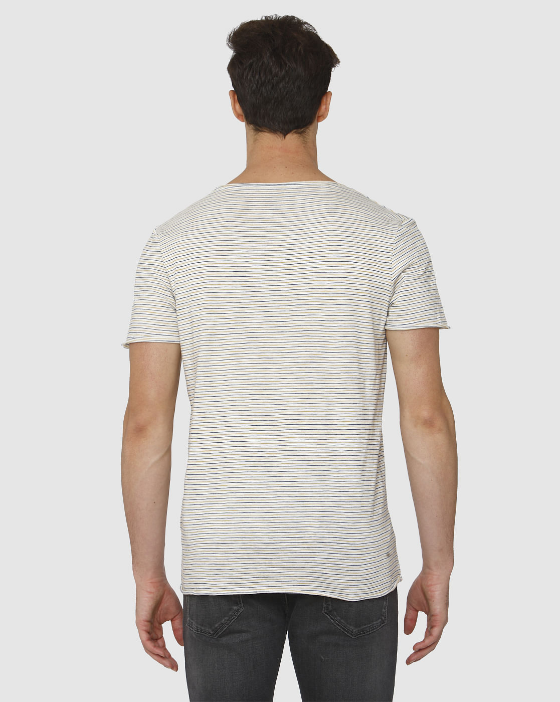 White Striped Raw Edge Crew Neck T-Shirt