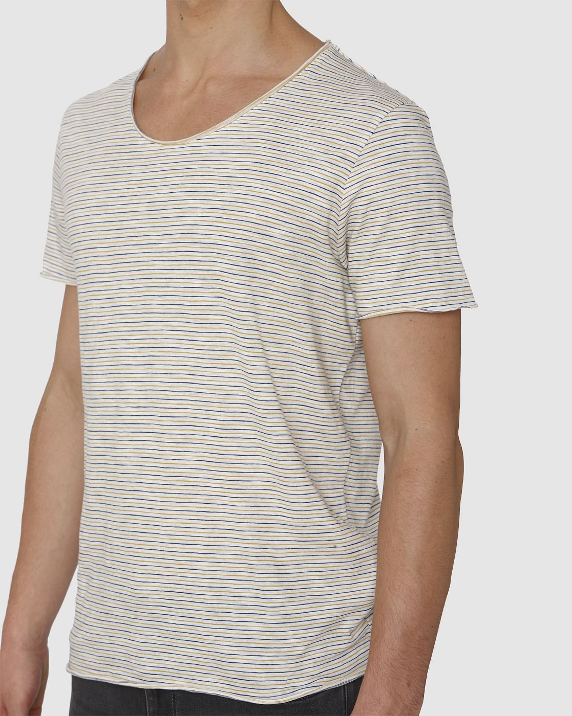 White Striped Raw Edge Crew Neck T-Shirt