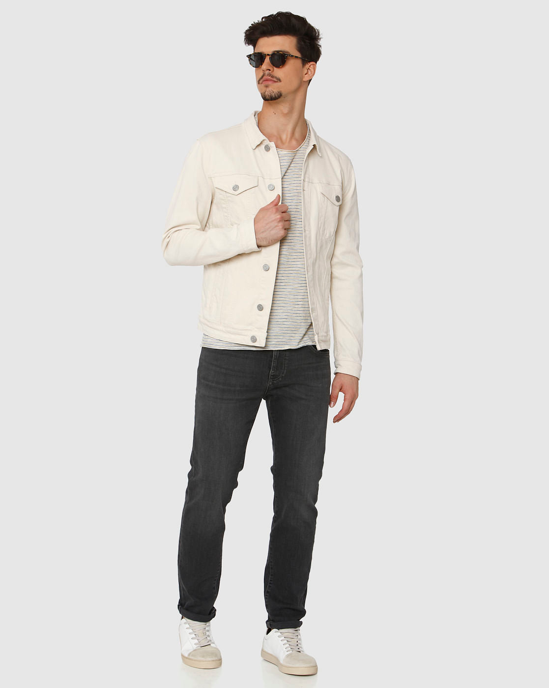 White Striped Raw Edge Crew Neck T-Shirt