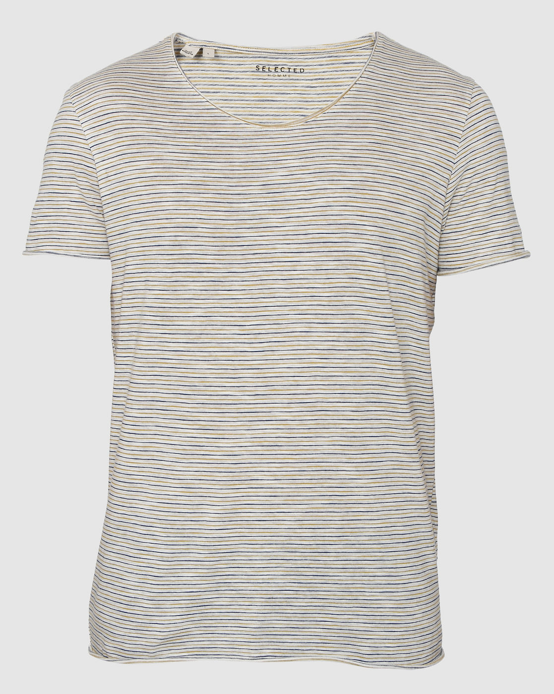 White Striped Raw Edge Crew Neck T-Shirt