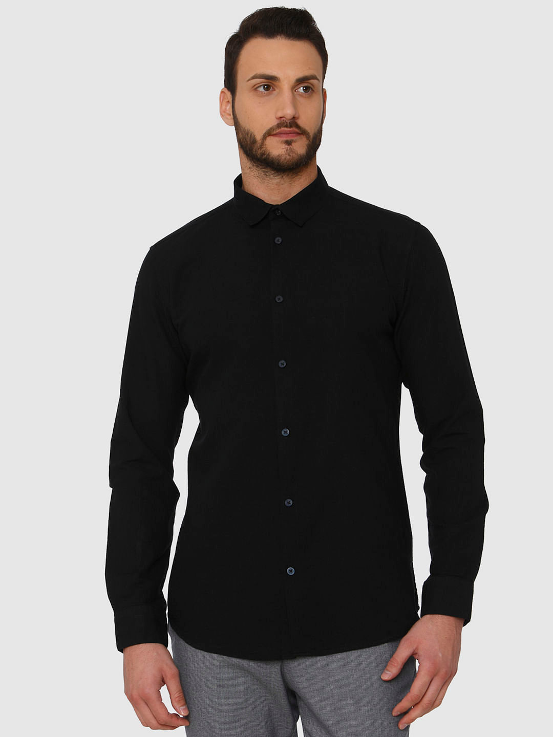Black Faded Linen Slim Fit Full Sleeves Shirt