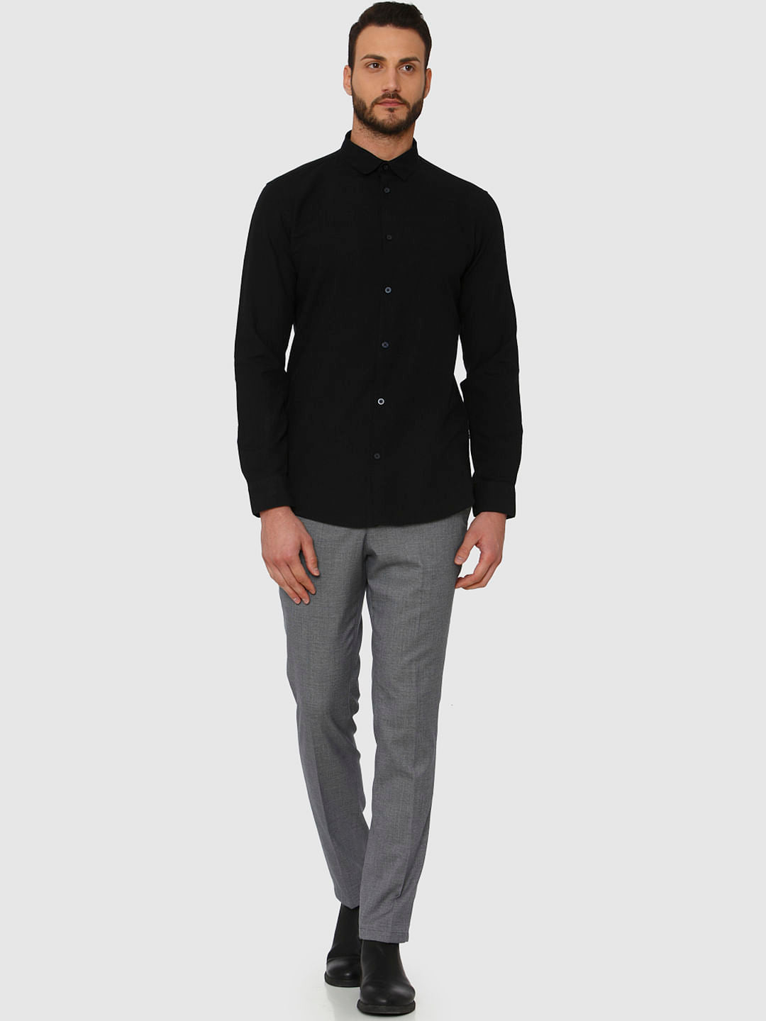 Black Faded Linen Slim Fit Full Sleeves Shirt