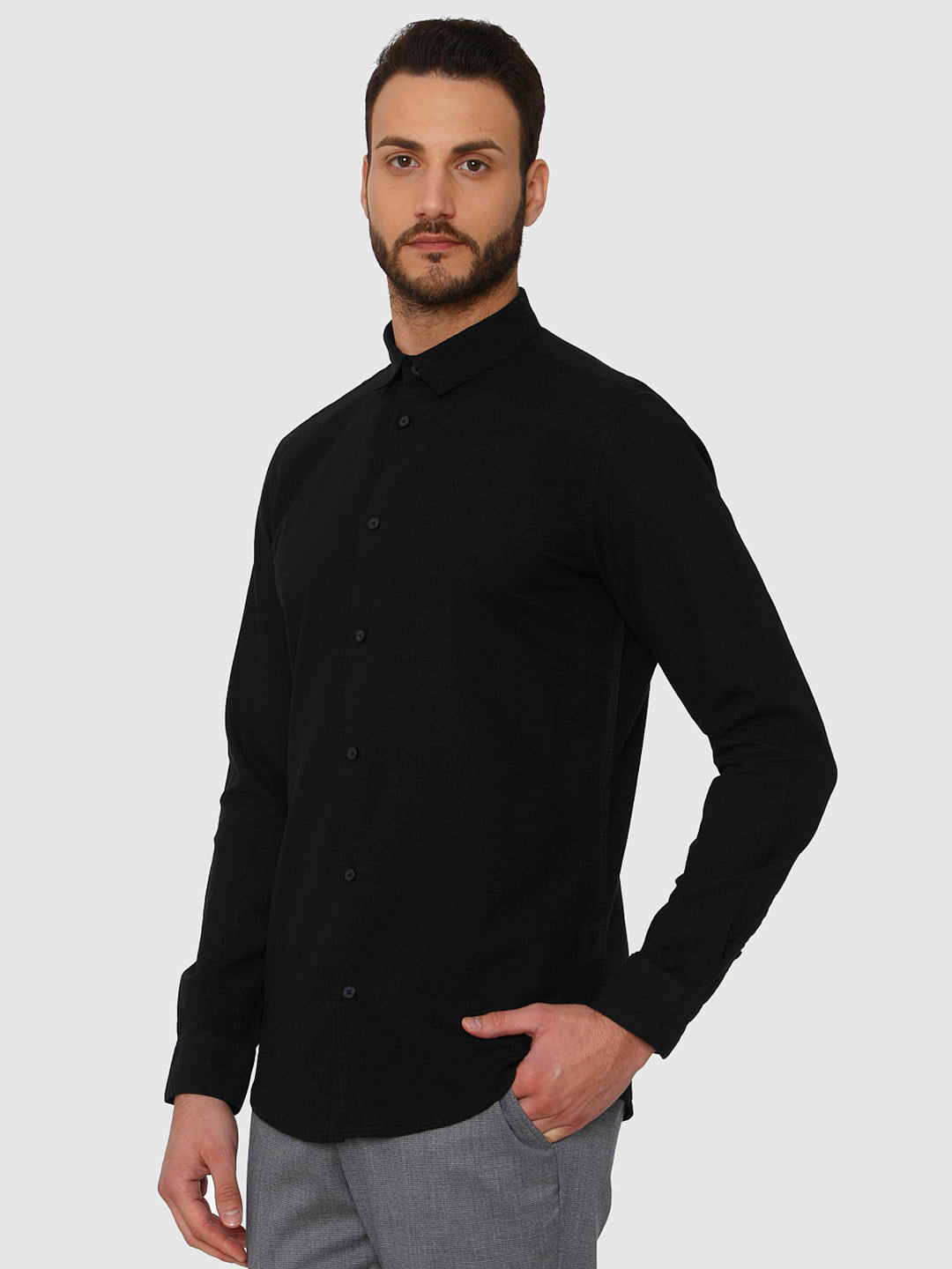 Black Faded Linen Slim Fit Full Sleeves Shirt