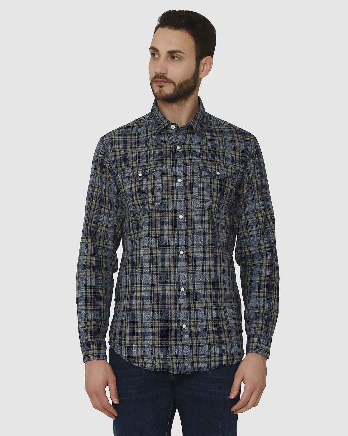 Dark Blue Tartan Checks Slim Fit Full Sleeves Shirt
