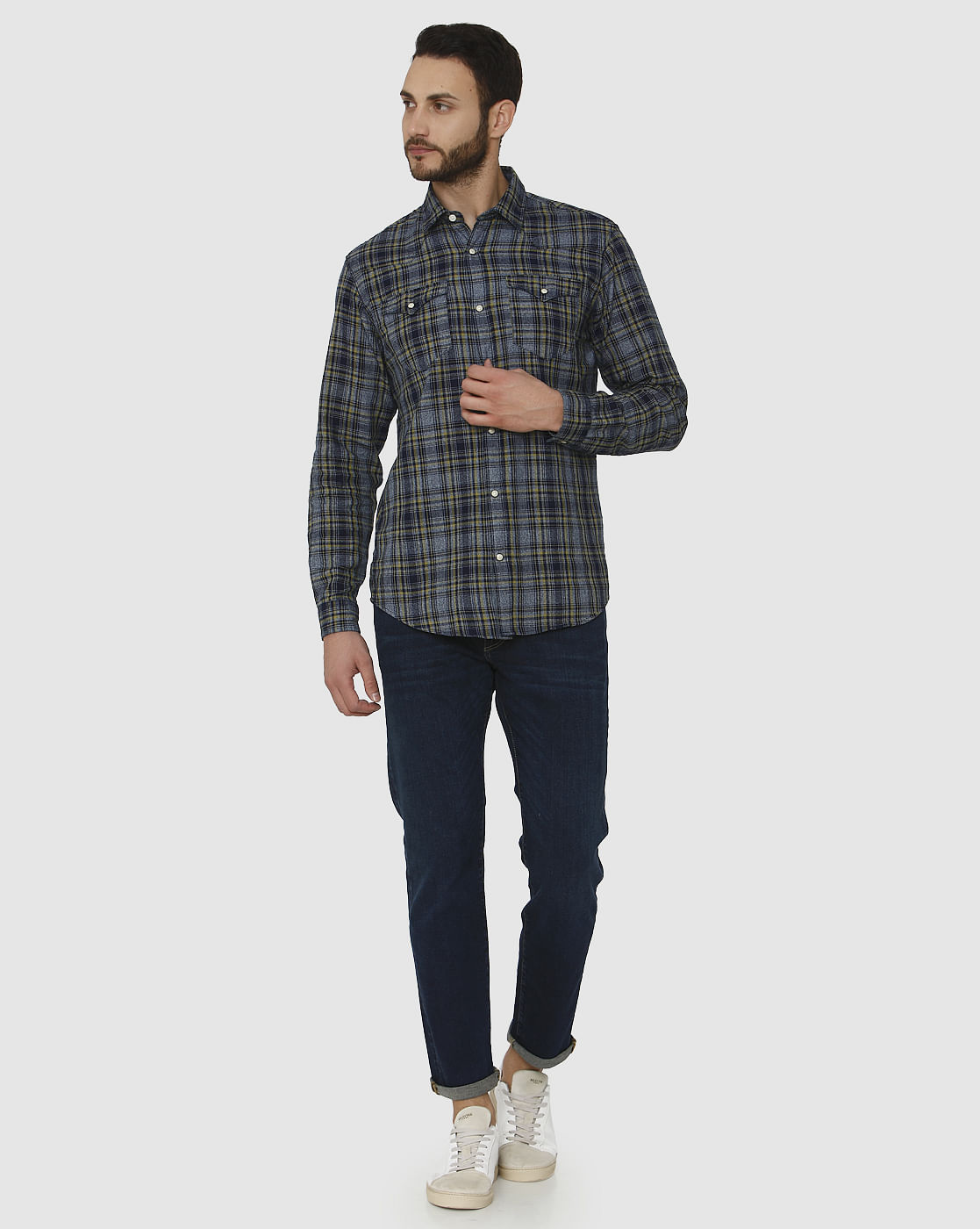 Dark Blue Tartan Checks Slim Fit Full Sleeves Shirt