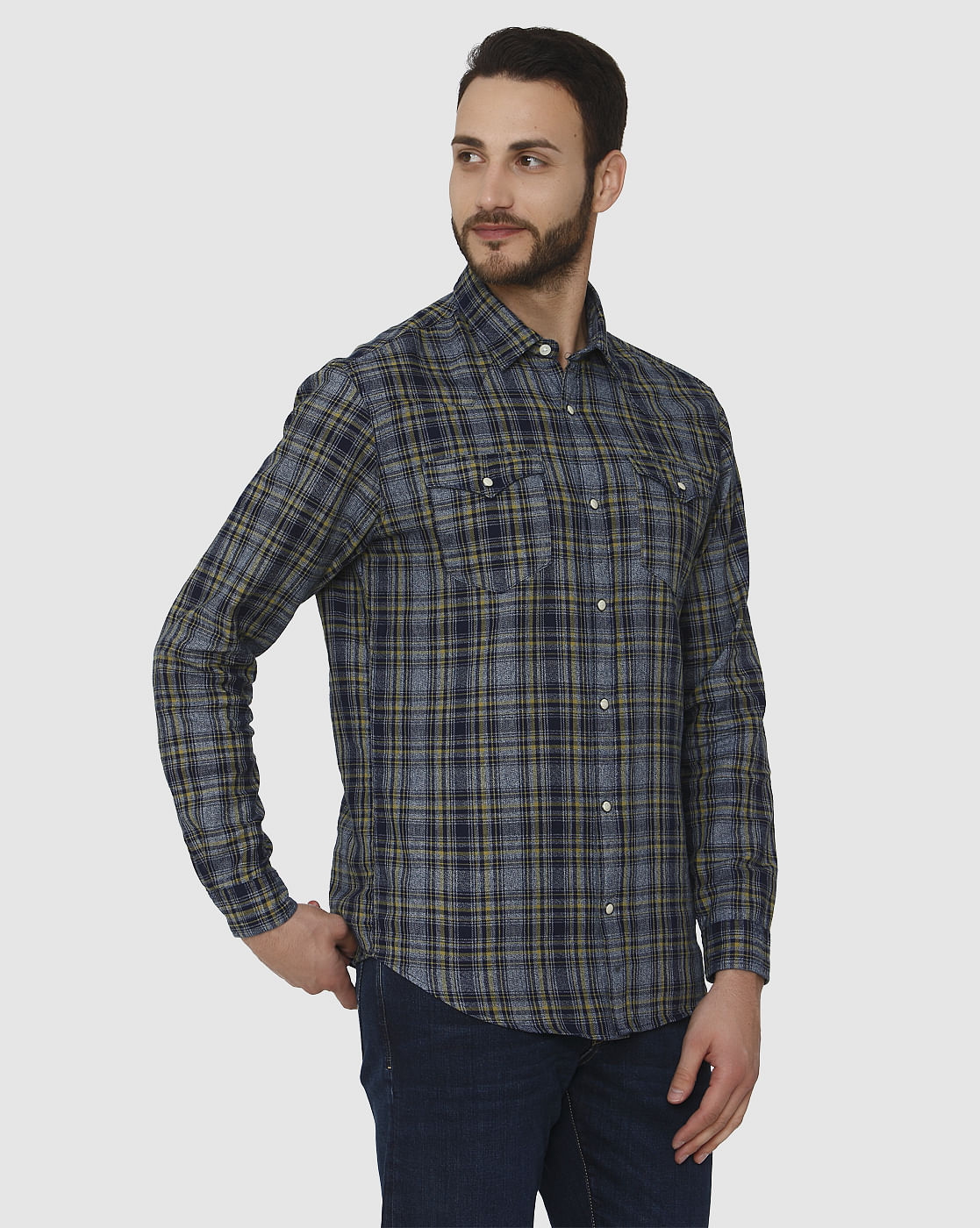Dark Blue Tartan Checks Slim Fit Full Sleeves Shirt